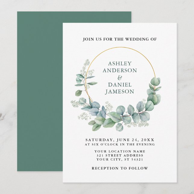 Convite Casamento Dourado Eucalyptus Verde Watercolor (Frente/Verso)