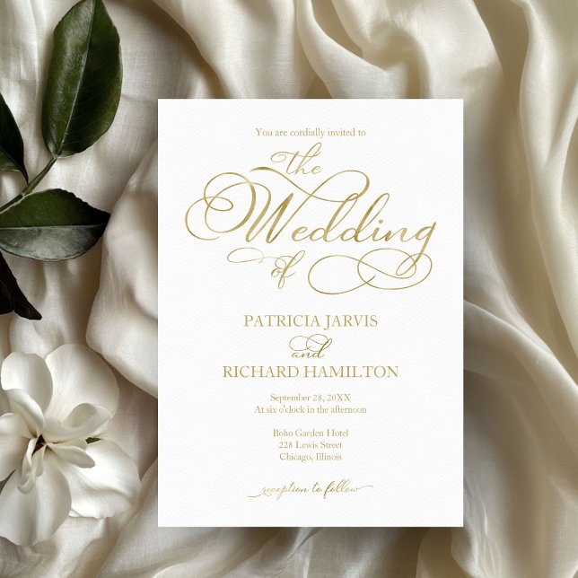 Convite Casamento Dourado Faux Foil Script Simples Elegant (Criador carregado)