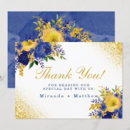 Convite Casamento Dourado Floral Amarelo Azul Obrigado Car
