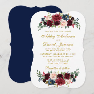 Convite Casamento Dourado Floral Azul Borgonha BR