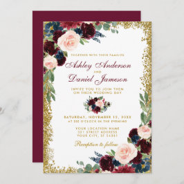 Convite Casamento Dourado Floral Azul Burgundy