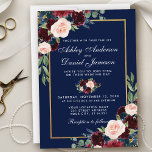 Convite Casamento Dourado Floral Azul Burgundy<br><div class="desc">Convocação para Casamento Dourado Floral e Borgonha Elegante - Azul</div>
