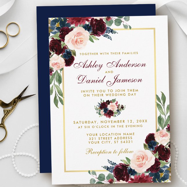 Convite Casamento Dourado Floral Azul-Burgundy B (Customize to change text color, style, add text & photos to back or change color of back of card.)