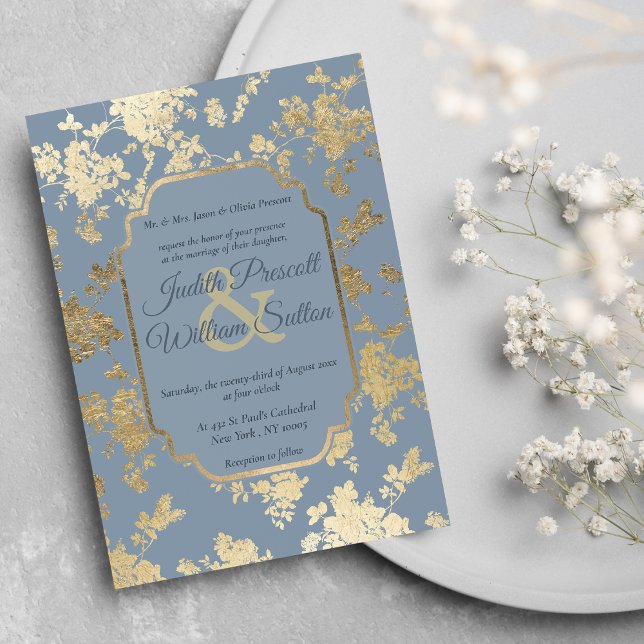 Convite Casamento Dourado Floral Azul com Estilo Elegante (Elegant Style Dusty Blue Gold Floral Wedding )