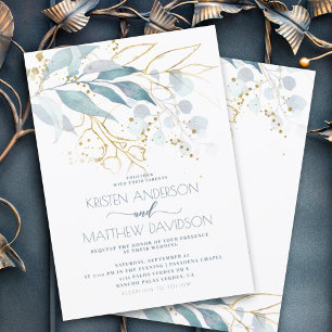 Convite Casamento Dourado Floral Azul de Boho