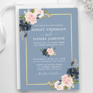 Convite Casamento Dourado Floral Azul-Dusty Moderno