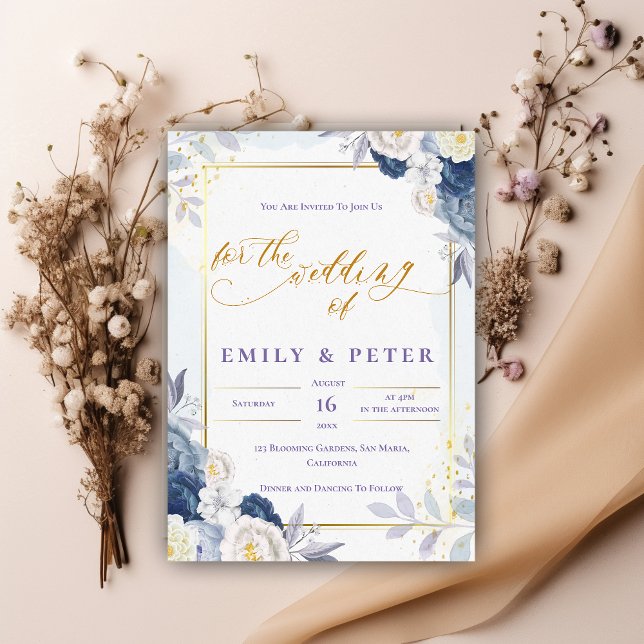 Convite Casamento Dourado Floral Azul Elegante Dusty (Elegant Dusty Blue Floral Gold Border Wedding Invitation)