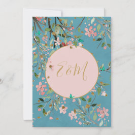 Convite Casamento Dourado Floral Azul Elegante Floral