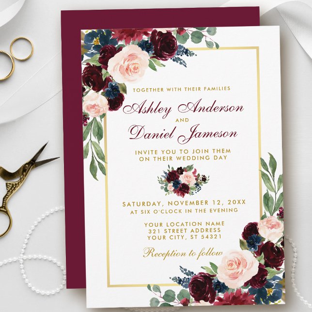 Convite Casamento Dourado Floral Azul Watercolor Burgundy  (Customize to change text color, style, add text & photos to back or change color of back of card.)
