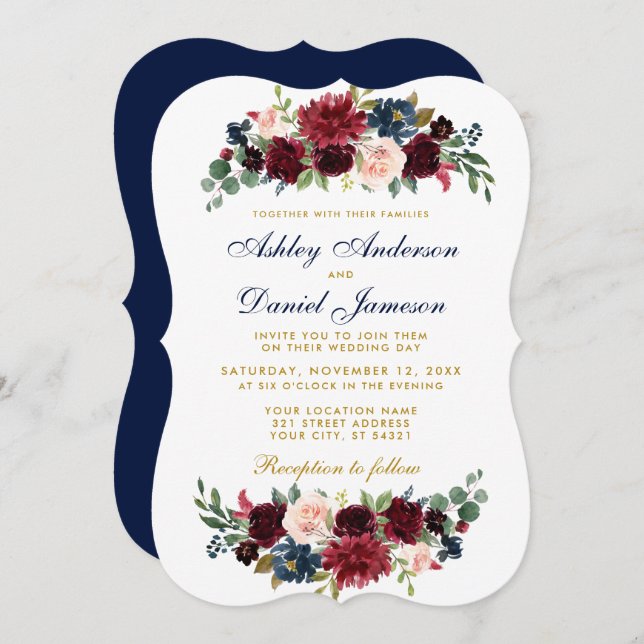 Convite Casamento Dourado Floral Blue Burgundy GB (Frente/Verso)