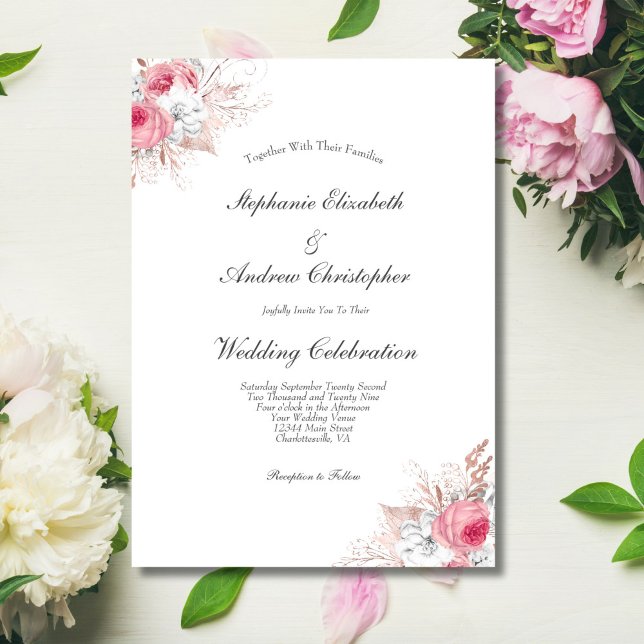Convite Casamento Dourado Floral Botânico Rosa Branca Rosa (Pink White Rose Gold Floral Elegant Wedding Invitation)