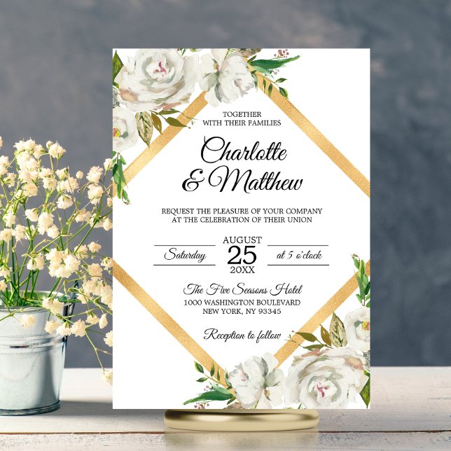 Convite Casamento Dourado Floral Branco Antiquado, Aquarel (Watercolor Antique White Gold Floral Wedding Invitation)