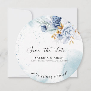 Convite Casamento Dourado Floral Branco Dusty Blue