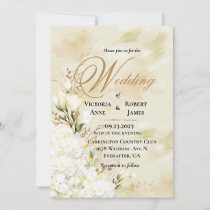 Convite Casamento Dourado Floral Branco Elegante Hydrangea