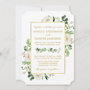 Convite Casamento Dourado Floral Branco Verde