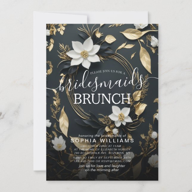 Convite Casamento Dourado Floral Brancos Bridesmaid Brunch (Frente)