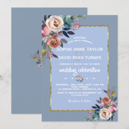 Convite Casamento Dourado Floral Cor-de-Rosa Azul Elegante