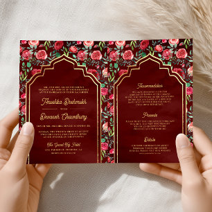 Convite Casamento Dourado Floral da Maroon Rosa vermelha