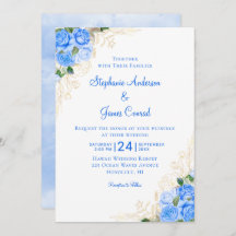 Casamento Dourado Floral de Aquarela Azul