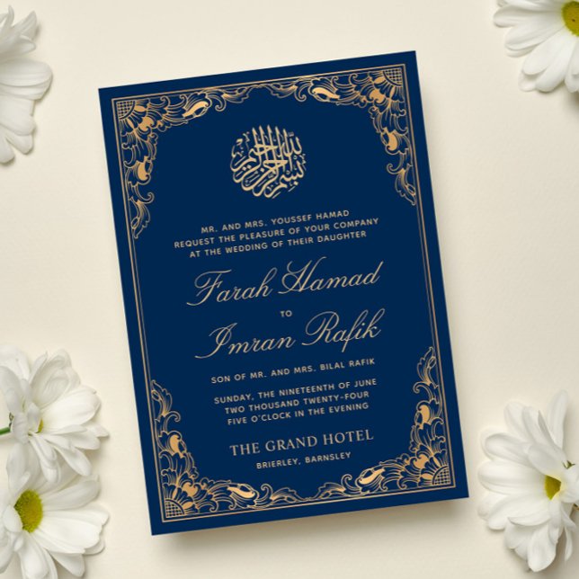 Convite Casamento Dourado Floral de Azul Muçulmano Islâmic (Criador carregado)