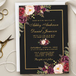 Convite Casamento Dourado Floral de Borgonha Elegante<br><div class="desc">Cartão de Convite para Casamento Dourado e Preto Floral Burgundy</div>