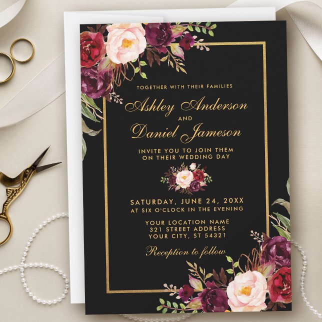Convite Casamento Dourado Floral de Borgonha Elegante (Customize to change text color, style, add text & photos to back or change color of back of card.)