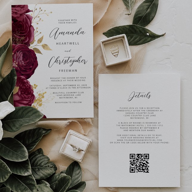 Convite Casamento Dourado Floral de Código QR Burgundy (Criador carregado)