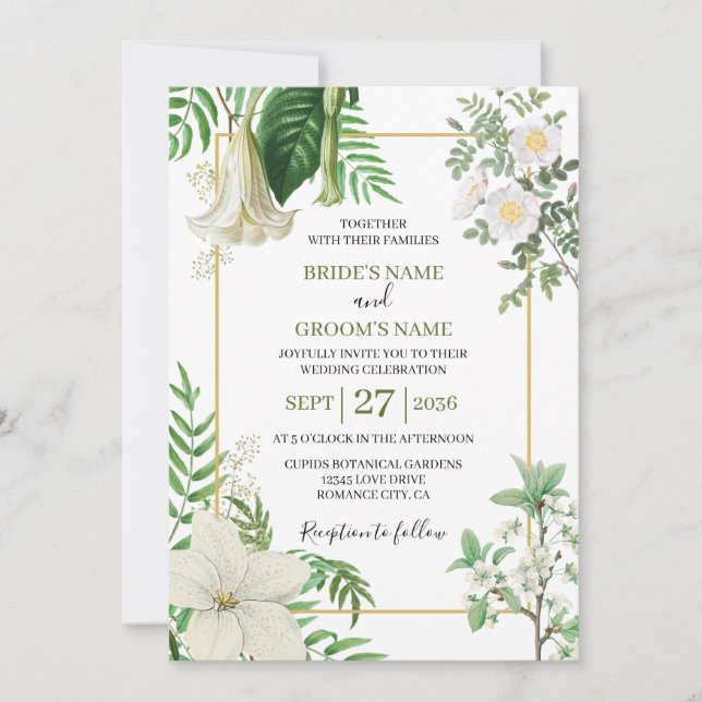 Convite Casamento Dourado Floral de Cor Verde Branca Rústi (Frente)