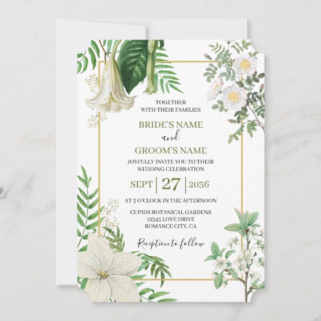 Convite Casamento Dourado Floral de Cor Verde Branca Rústi (Frente)