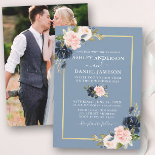 Convite Casamento Dourado Floral de Foto Azul-Rosa Dusty
