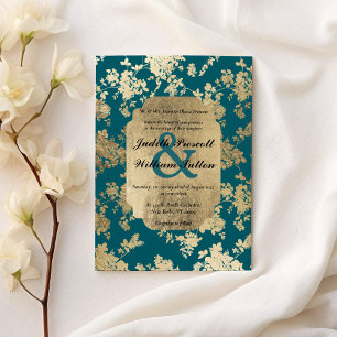 Convite Casamento Dourado Floral de Luxo Verde do Estilo V