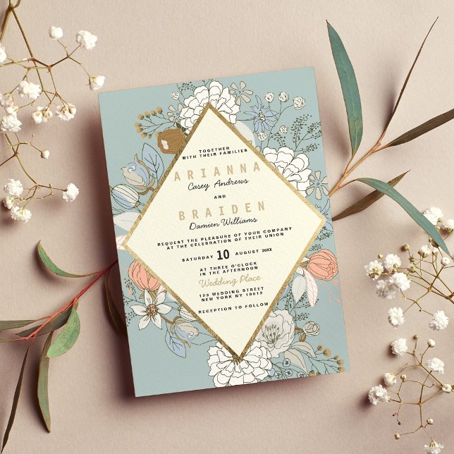 Convite Casamento Dourado Floral de Marfim de Coral Azul-B (Rustic Blush Blue Coral Gold Floral Ivory Wedding)