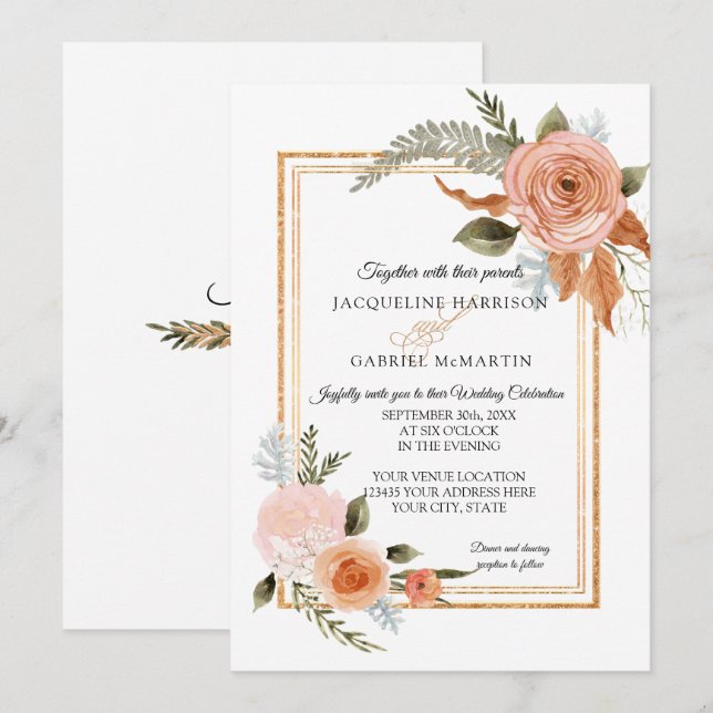 Convite Casamento Dourado Floral de queda rustica modelo E (Frente/Verso)