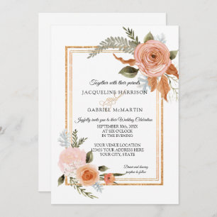 Convite Casamento Dourado Floral de queda rustica modelo E