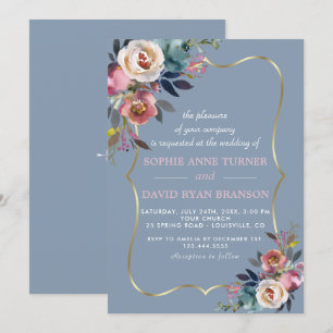 Convite Casamento Dourado Floral de Rosa Azul Encantado