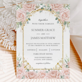 Convite Casamento Dourado Floral de Rosas Rosa Escamosas E
