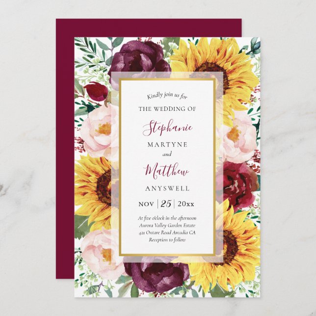 Convite Casamento Dourado Floral de Sunflower Burgundy (Frente/Verso)