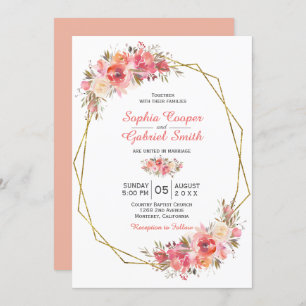 Convite Casamento   Dourado floral do quadro do rosa do