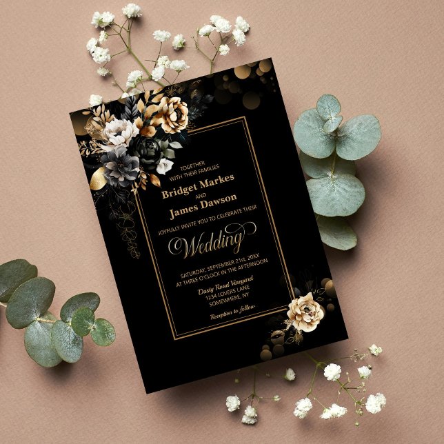 Convite Casamento Dourado Floral Elegante (Criador carregado)