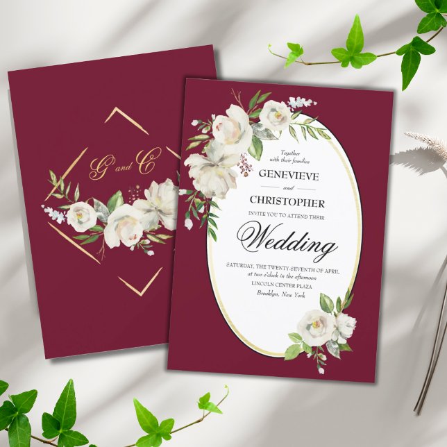 Convite Casamento Dourado Floral Elegante Boho Burgundy (ELEGANT CLASSIC BURGUNDY BOHO WHITE ROSES WEDDING INVITATION)