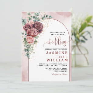 Convite Casamento Dourado Floral Elegante Burgundy