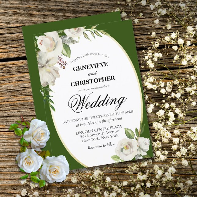 Convite Casamento Dourado Floral Elegante Emerald Green (Elegant Emerald Green Floral White Rose Wedding Invitation)