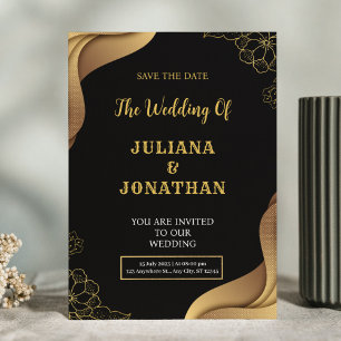 Convite Casamento Dourado Floral Elegante Moderno Negro