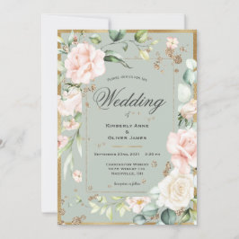 Convite Casamento Dourado Floral Green Watercolor