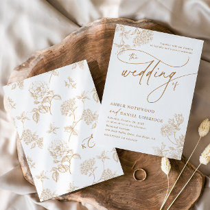 Convite Casamento Dourado Floral Moderno Elegante