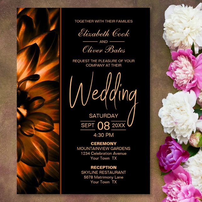 Convite Casamento Dourado Floral Moody Black (Criador carregado)