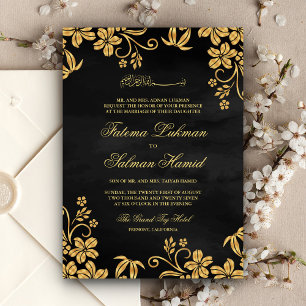 Convite Casamento Dourado Floral Muçulmano Negro