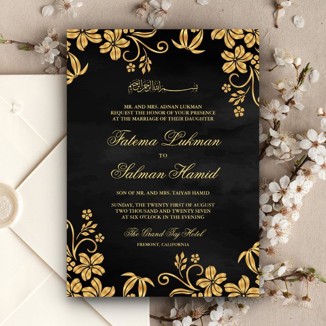 Convite Casamento Dourado Floral Muçulmano Negro (Criador carregado)