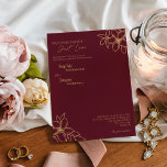 Convite Casamento Dourado Floral Nada Rico Burgundy<br><div class="desc">Este convite de casamento floral de ouro sem graça rico apresenta um belo e sofisticado cenário de merlot escuro com elegante caligrafia de ouro e embelezamentos florais dourados. A história da cor da joia e os sotaques botânicos do ouro, juntamente com uma guião minimamente delicada, criam uma estética moderna regal...</div>