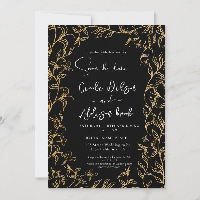 Convite Casamento Dourado Floral Negro (Frente)